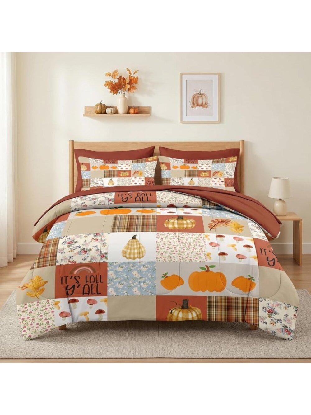 Cozy Pumpkin King Comforter Set with Sheets - 7 Piece Fall Bedding Collection